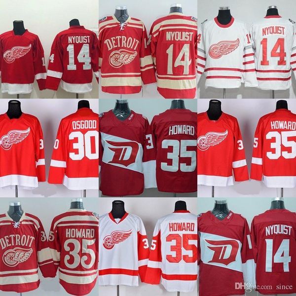 

factory outlet men s detroit red wings #14 gustav nyquist #30 osgood #35 jimmy howard red white ice hockey jerseys in, Black;red
