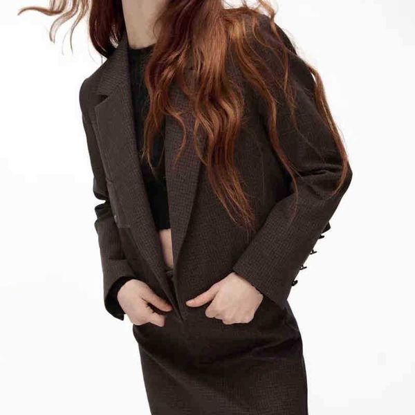 

2021 autumn women two piece set vintage coffee plaid office lady no buttons blazer female casual loose high waist skirt suit j220813, White;black