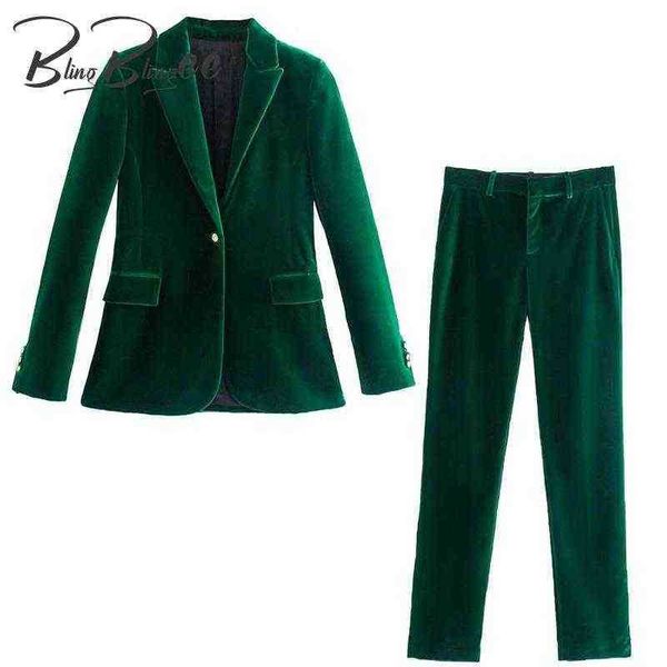

blingblingee 2022 autumn woman met fits oil style female casual slim blazers ankle pants green velvet jaclet 2 piece sets j220813, White;black