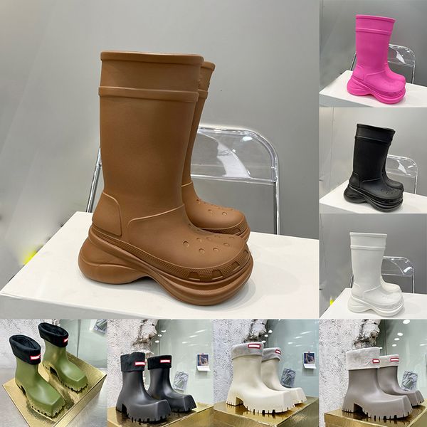 

2023 designer women boots trooper square toed warm wool fur furry inner rubber boot eva clog 2.0 rainboot over the knee half woman ladies, Black