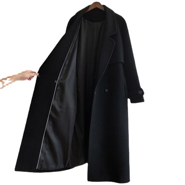 

women's wool blends fall/winter black woolen coat women's fashion loose belt temperament is thin casual wool trench office lady lo