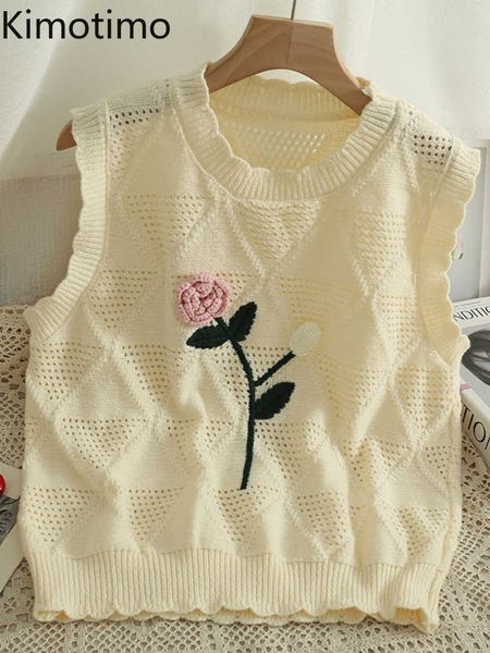 

women's sweaters kimotimo embroidery argyle sweater vest women 2022 new round neck sleeveless sweater korean chic hollow overlap knitte, White;black
