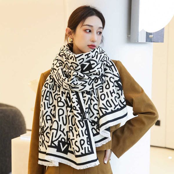 

2022 winter new large v letter cashmere scarf womens fashion decoration long warm neck shawl, Blue;gray