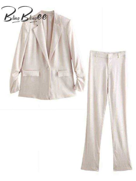 

blingblingee spring 2022 ol style women 2 piece sets hit pleats long sleeve single button female loose blazer suits satin pants j220813, White;black