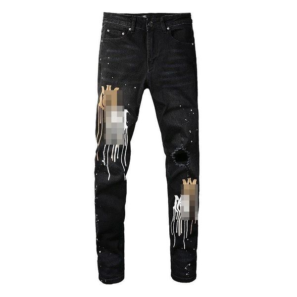 

fashion pattern design mens jeans pencil pants amr black streetwear zipper pocket striped patch hole men jeans stretch slim feet trousers, Blue