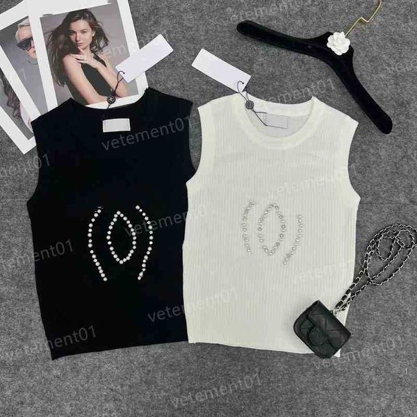 

womens t-shirt premium miu fashion brand pearl pattern crew neck sleeveless t-shirt summer comfort luxury designer casual, White
