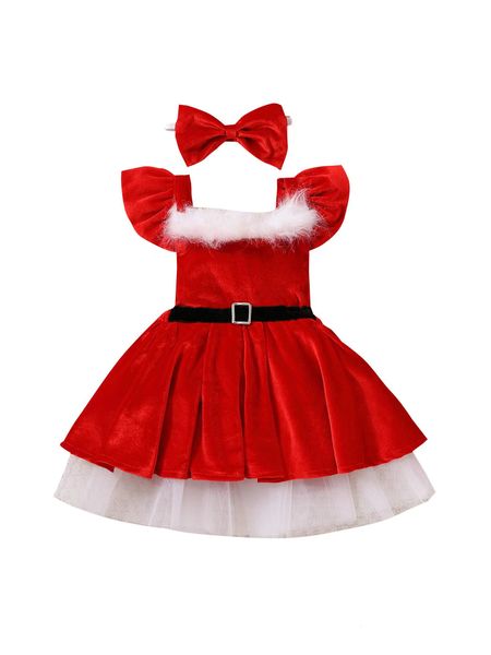 

girl's dresses 2pcs baby girls christmas outfits sets square neck fly sleeve backless ruffle tulle dress bowknot headband 221129, Red;yellow