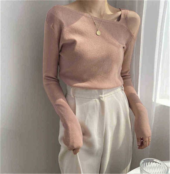 

women's sweaters 2022 temperament sweaters women pull femme slim fit knitted jumper off shoulder korean fashion sweater ropa mujer j22, White;black