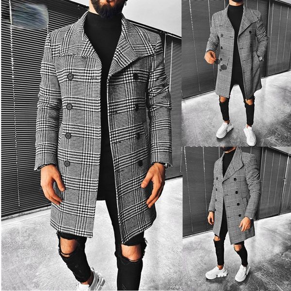 

men's wool blends fashion coat autumn winter plaid double breasted lapel mid-long chic 221129, Black