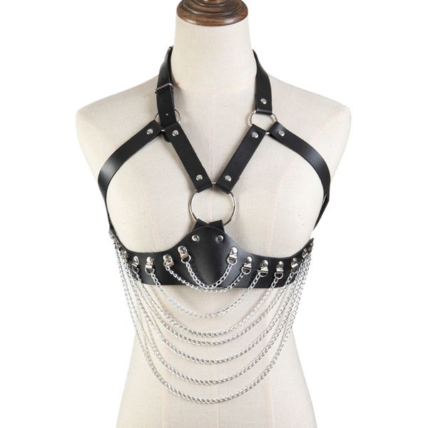 

camisoles & tanks punk cupless bra leather harness belt body bondage chest straps black studded rivet cropped top, Black;white