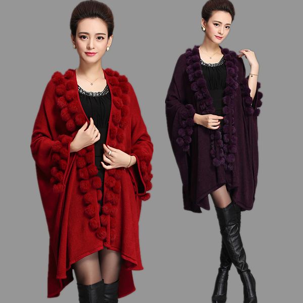 

women s fur faux fashion trend women rabbit poncho shawl coat long knit cashmere cape sweater pashmina autumn winter 221128, Black