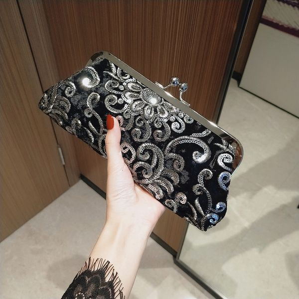 

evening bags retro black velvet women's bag clutches luxury fashion embroidery sequined handbags banquet party crossbody purses 221128
