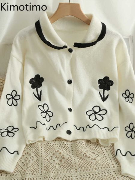 

women's sweaters kimotimo embroidery sweater jacket women 2022 autumn colorblock lapels knitted vest korean style long sleeve loose fas, White;black