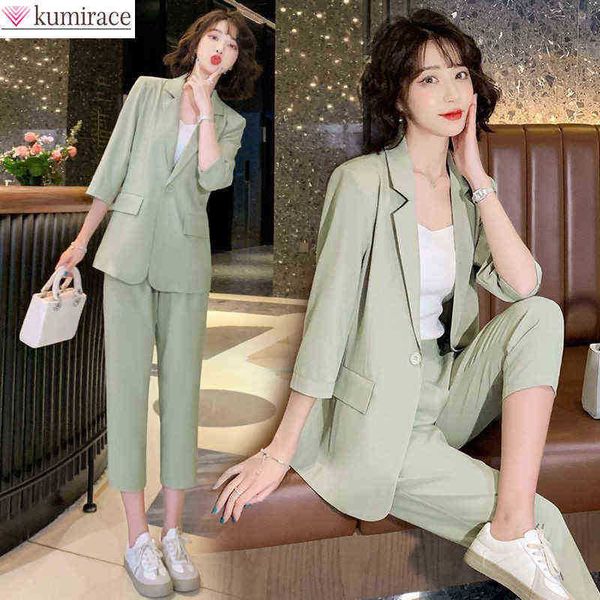 

plus size 2022 summer new south korea fashion temperament leisure jacket two piece elegant woman comfortable clothing pants suit j220813, White;black