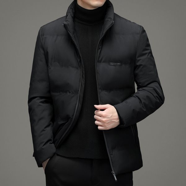 

men's down parkas winter men's thickened thermal cotton jacket men's stand collar business casual jacket men short long sleev, Black