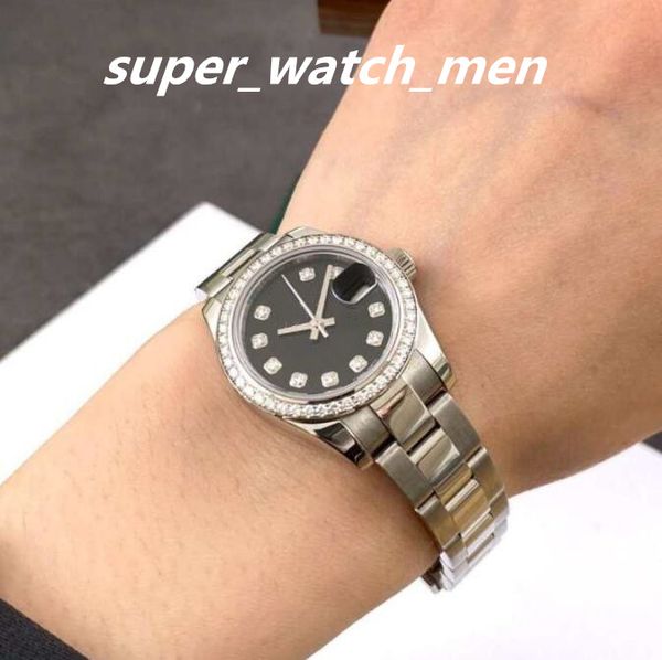 

women's watches automatic mechanical 26mm watchs silver 179384 black diamond dial bezel steel bracelet with box/papers sapphire diving, Slivery;brown