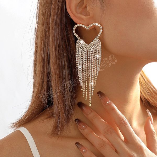 

luxury full rhinestone long tassel dangle earrings women wedding bridal heart earrings brincos vintage jewelry accessories, Silver