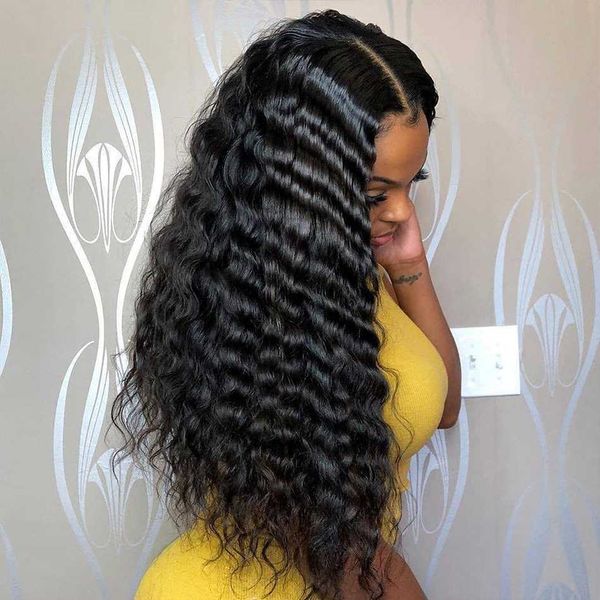 

headwear accessories supplier raw brazilian natural human hair hd deep curly wave frontal closure lace front wig for black women