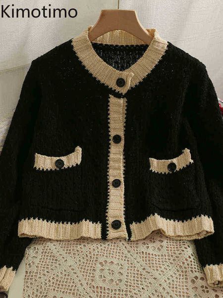 

women's sweaters kimotimo fashion colorblock knit cardigan women 2022 autumn long sleeve twist sweater coat korean style pockets short, White;black