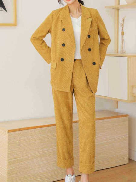 

women spring elegant corduroy blazer pantsuit ladies business casual 2 piece set female fashion korean pants suit outfits j220813, White;black