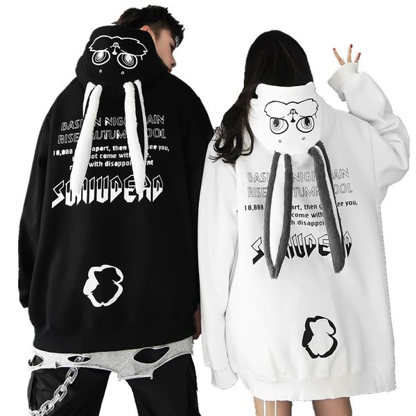 

women's hoodies sweatshirts autumn winter couple matching cute hoodie plush rabbit long ear hooded sweatshirt women kawaii thicken pock, Black