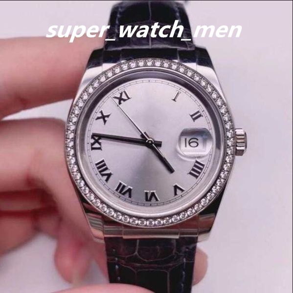 

watch 36mm roman dial diamond bezel black leather strap men watches automatic mechanical 116189 with box/papers sapphire dive fashion wristw, Slivery;brown