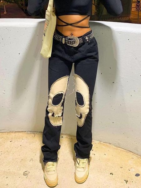 

womens jeans sifreyr skeleton patterned low waist women harajuku streetwear retro fairycore grunge pants cyber y2k black denim trousers 2211, Blue