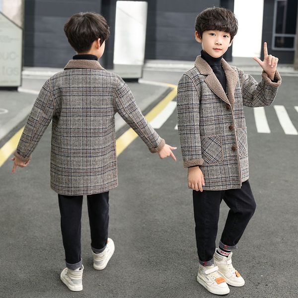 

coat children's wool coat for boy for autumn spring casual turn collar plaid pus velvet men's teenager jacket outerwear 221129, Blue;gray