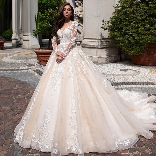 

fmogl elegant illusion long sleeve vintage wedding dresses luxury scoop neck appliques court train a line bridal gowns, White