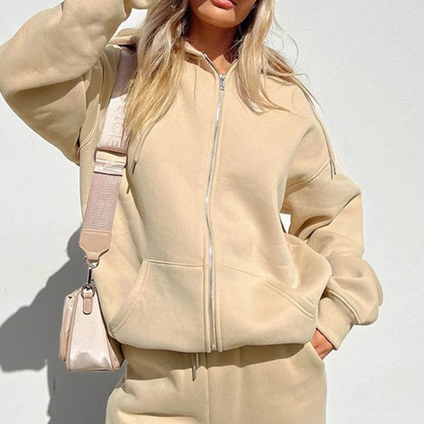 

women's two piece pants women casual fleece 2pcs sportswear suit autumn zipper hooded coat with jogging pants tracksuits winter solid w, White