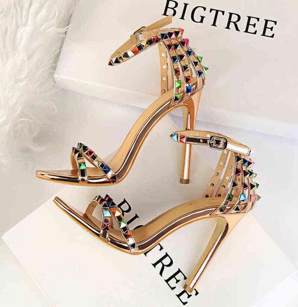 

bigtree shoes color rivets women sandals roman style heeled sandals hollow out high heels stiletto party shoes sandals x220216775315, Black