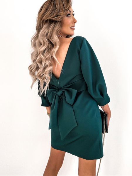 

party dresses backless bow red green women oneck three quarter lantern sleeve princess elegant lady mini 221129, White;black