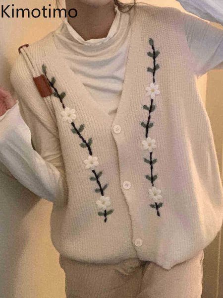

women's sweaters kimotimo embroidery knitted vest women autumn vneck sleeveless sweater vests korean style loose all match vest j220915, White;black