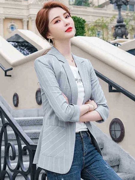

stripe women blazer spring summer 2022 new three quarter sleeves grey white black slim jacket casual office lady small suit jacket j220813