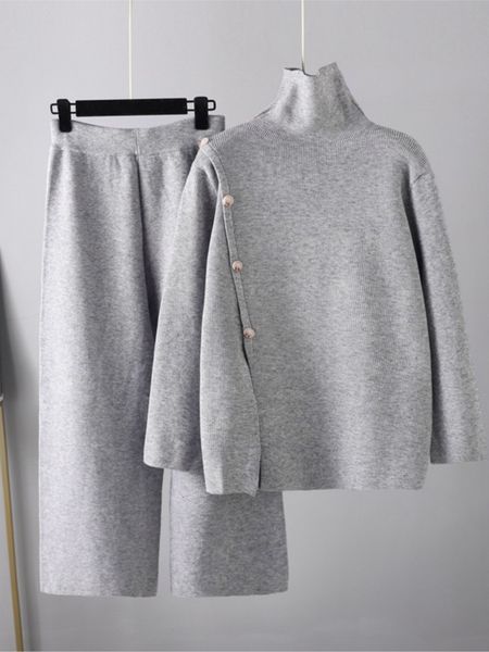 

women's two piece pants fashion elegant casual women knitted pant suits loose vintage buttons wide leg trousers two pieces set femme c, White