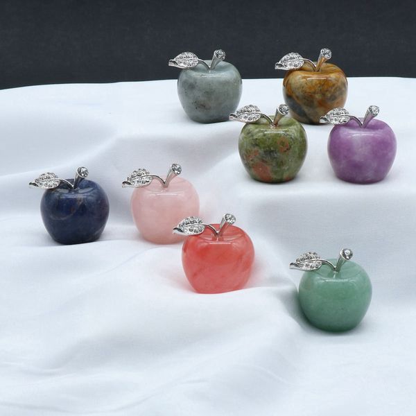 

25mm natural quartz healing crystal stone craft collection green aventurine apple carved figurine statue alloy leaf home ornament holiday we, Black