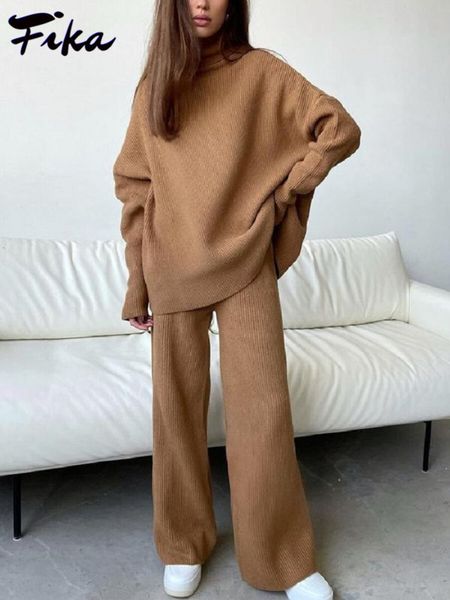 

women's two piece pants autumn fashion lady knitting outfit women casual solid round neck long sleeve sweater and high waist wide leg p, White