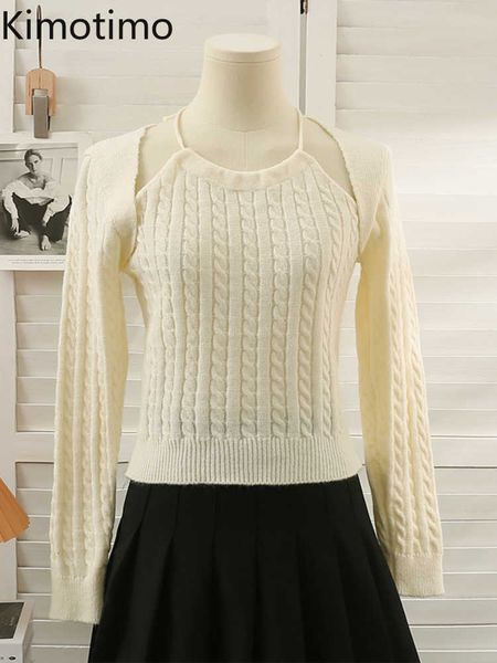 

women's sweaters kimotimo halter lace up twist sweater women 2022 new off shoulder long sleeve pullover korean chic slim design solid k, White;black