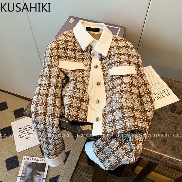 

wo kusahiki fashion bird lattice tweed jacket women autumn winter outwear hit color turn-down collar coat korean clothes 221129, Black;brown