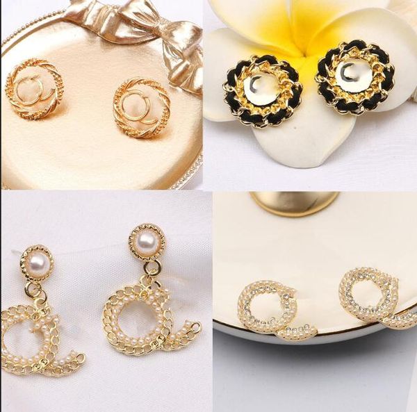 

20color 18k gold plated letters stud hoop luxury brand designers geometric exaggerate women tassel crystal rhinestone pearl earring wedding, Golden;silver