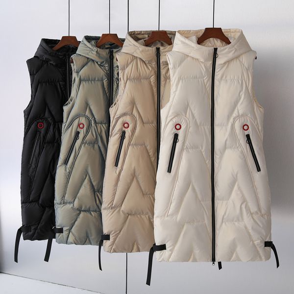 

women's vests winter long solid hooded pockets zipper padded ladies casual sleeveless jacket warm quilted for female 221129, Black;white