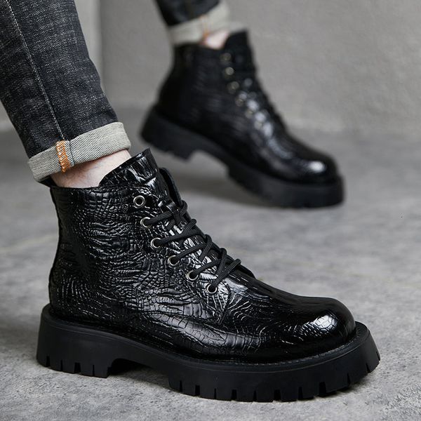 

boots men's fashion party nightclub dress original leather boots platform shoes alligator grain ankle boot handsome cowboy botas 221128, Black