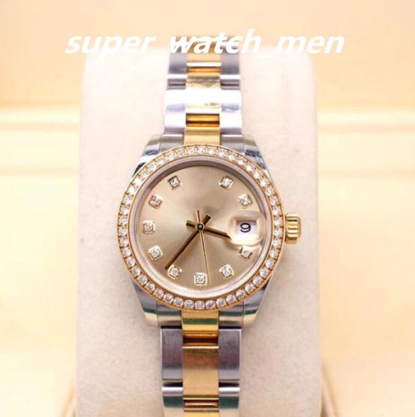 

women's watches factory sales automatic movement 28mm 279383 steel gold two tone diamond bezel with box/papers sapphire diving watch wr, Slivery;brown