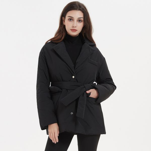 

women's down parkas malina casual notched parkas women fashion tie belt solid black coats women elegant single breasted cotton jackets