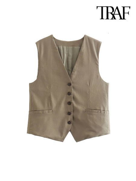 

women's vests traf women fashion front false welt pockets linen waistcoat vintage sleeveless buttons female outerwear chic 221129, Black;white