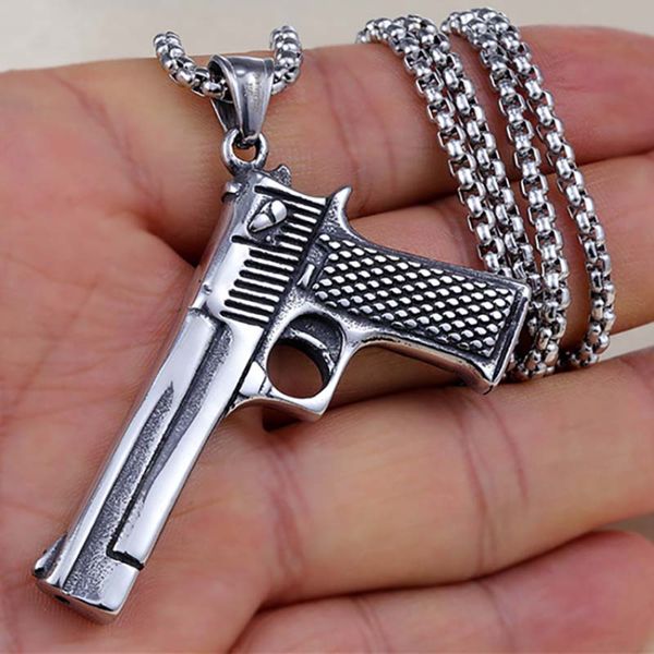 

street pistol pendant necklace ancient silver stainless steel gun model necklaces men jewelry nightclub hiphop fine jewelry