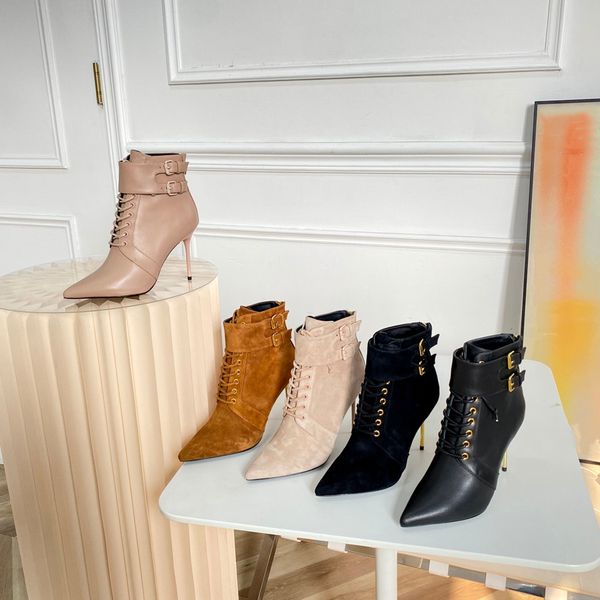 

high thin heel short boots women's spring autumn single lace up pointed head versatile middle british leather autumn and winter 2022, Black