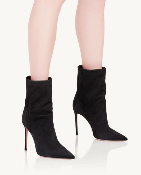 

winter women's ankle boots velvet suede leathers boot matignon bootie thin heels high heel pointy toe with box, Black