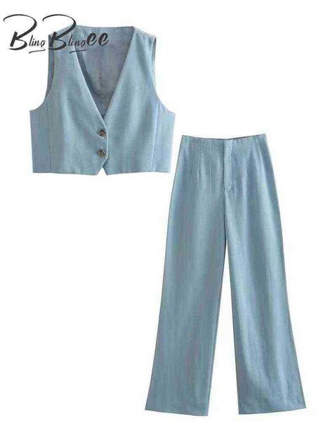 

blingblingee autumn 2022 women linen suits traf chic crop v neck sleeveless slim blazer vest female pants 2 piece sets blue j220813, White;black