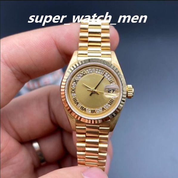 

lady's watch factory sales automatic movement 26mm ladies 18k yellow gold diamond roman dial 69178 with box/papers sapphire diving wome, Slivery;brown